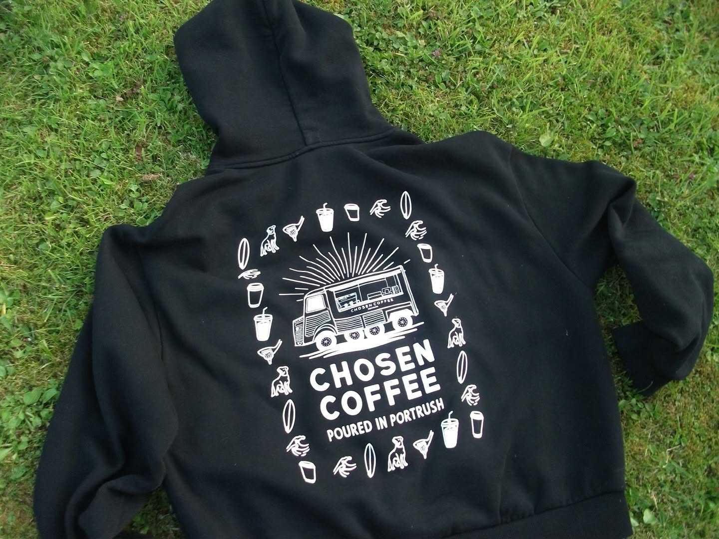 Black Chosen Coffee hoodie with white van illustration